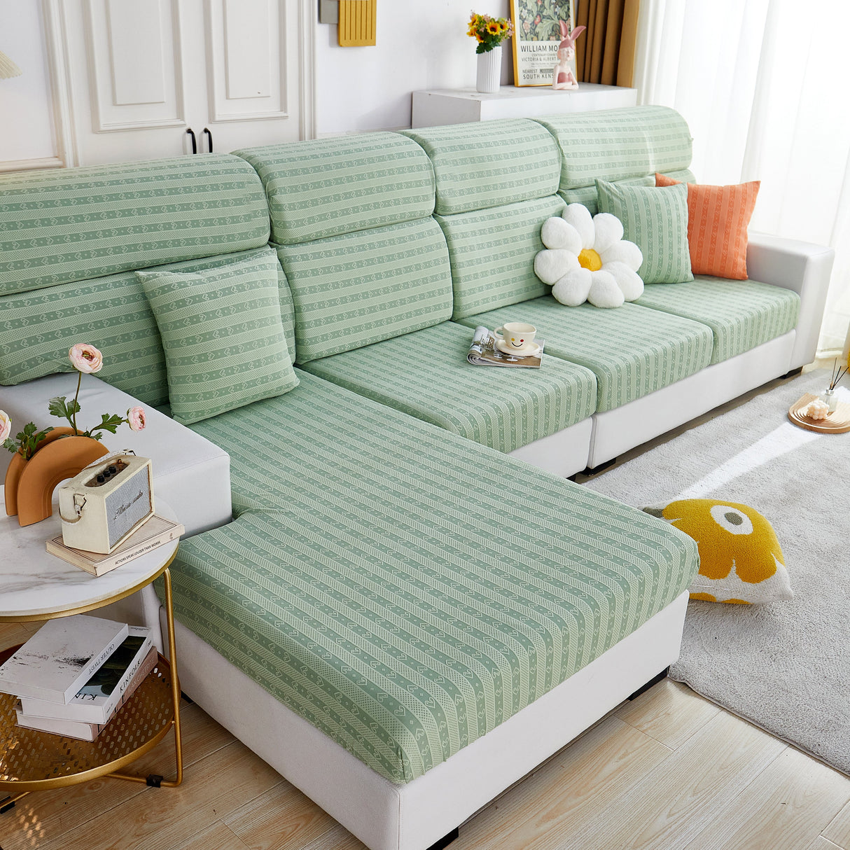 Love Stripe Jacquard Fleece Fabric Stretch Cushion Cover, Non-Slip Furniture Protector for Kids, Couch Cushion Covers