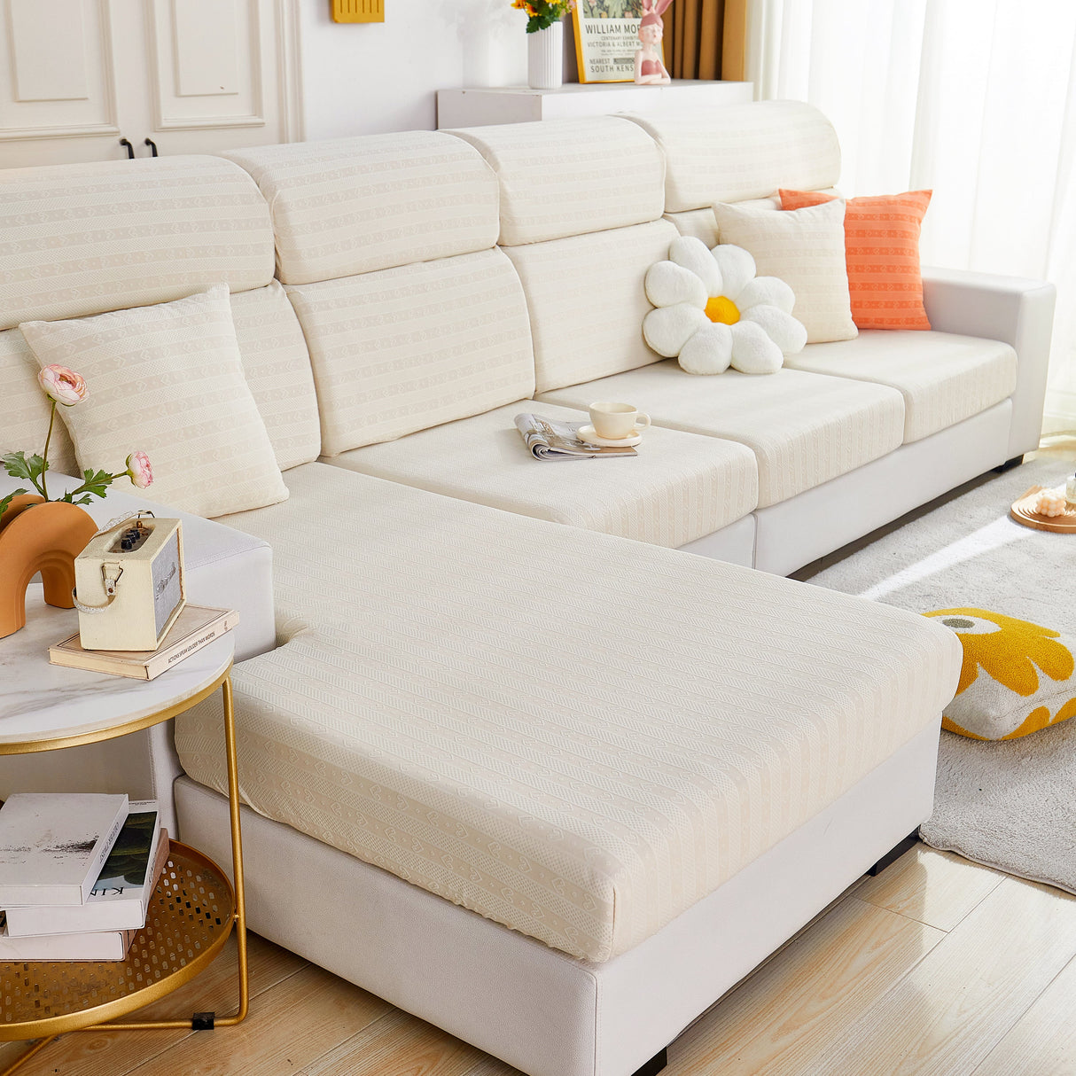 Love Stripe Jacquard Fleece Fabric Stretch Cushion Cover, Non-Slip Furniture Protector for Kids, Couch Cushion Covers