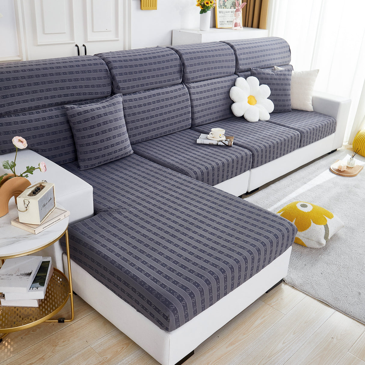 Love Stripe Jacquard Fleece Fabric Stretch Cushion Cover, Non-Slip Furniture Protector for Kids, Couch Cushion Covers