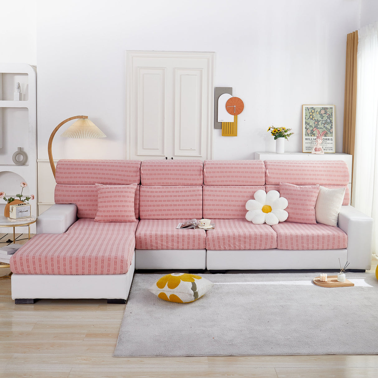 Love Stripe Jacquard Fleece Fabric Stretch Cushion Cover, Non-Slip Furniture Protector for Kids, Couch Cushion Covers