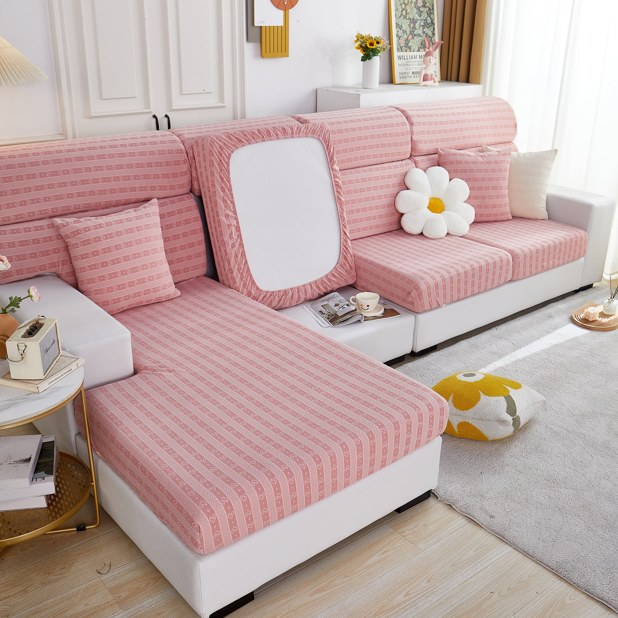 Love Stripe Jacquard Fleece Fabric Stretch Cushion Cover, Non-Slip Furniture Protector for Kids, Couch Cushion Covers