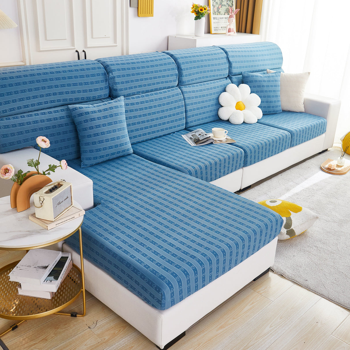 Love Stripe Jacquard Fleece Fabric Stretch Cushion Cover, Non-Slip Furniture Protector for Kids, Couch Cushion Covers