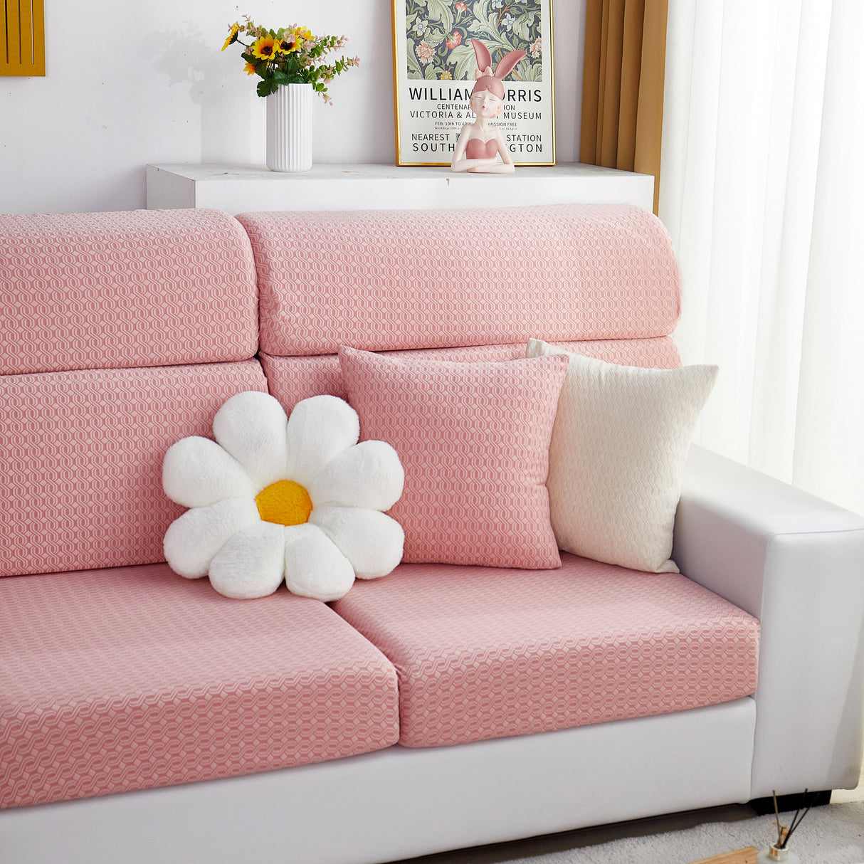 Growth Rings Jacquard Fleece Fabric Stretch Cushion Cover, Non-Slip Furniture Protector for Kids, Couch Cushion Covers