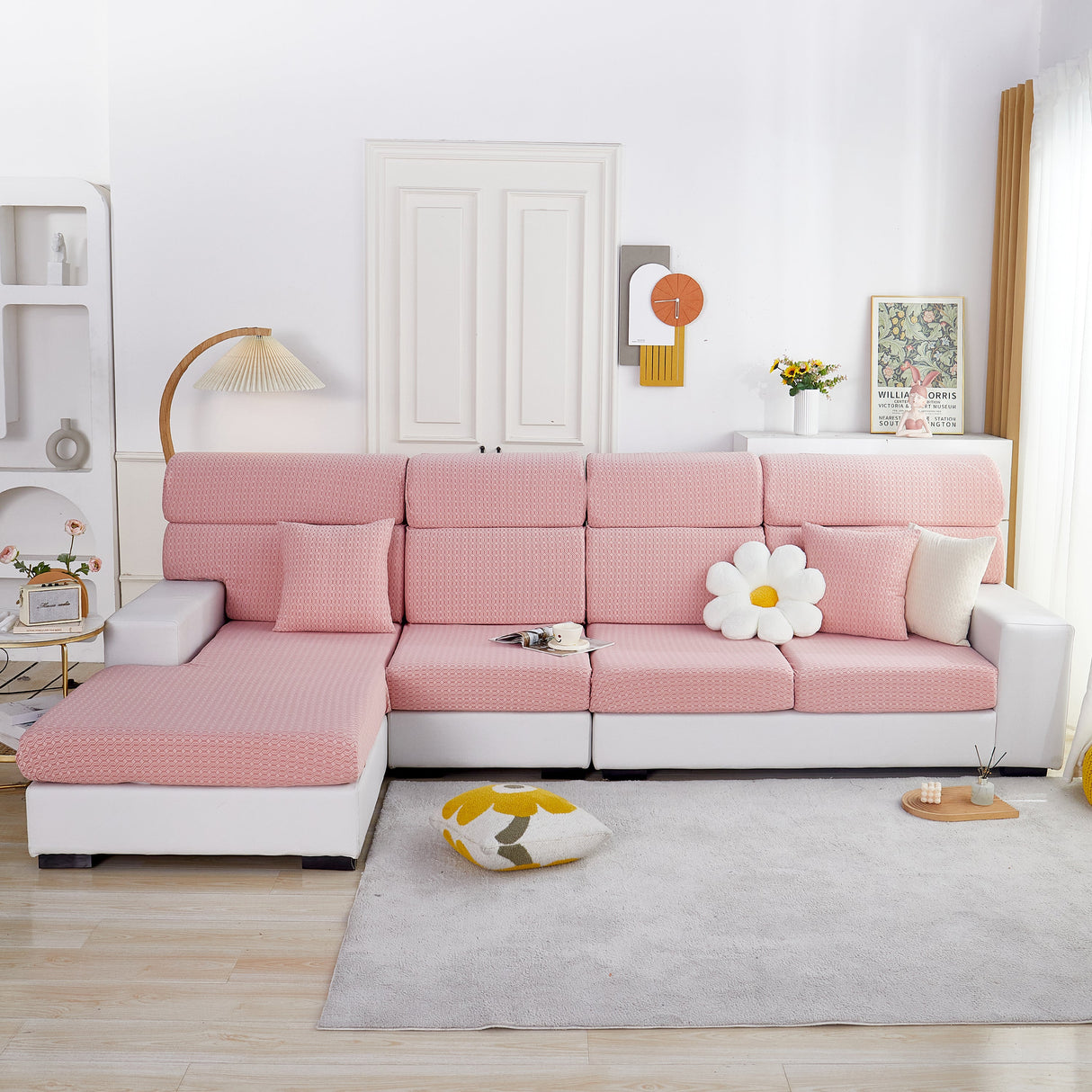 Growth Rings Jacquard Fleece Fabric Stretch Cushion Cover, Non-Slip Furniture Protector for Kids, Couch Cushion Covers