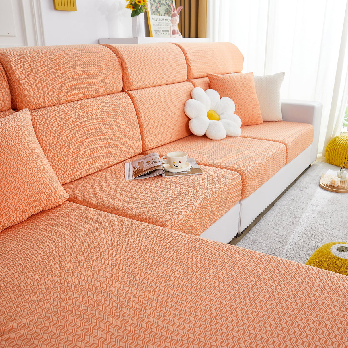 Growth Rings Jacquard Fleece Fabric Stretch Cushion Cover, Non-Slip Furniture Protector for Kids, Couch Cushion Covers