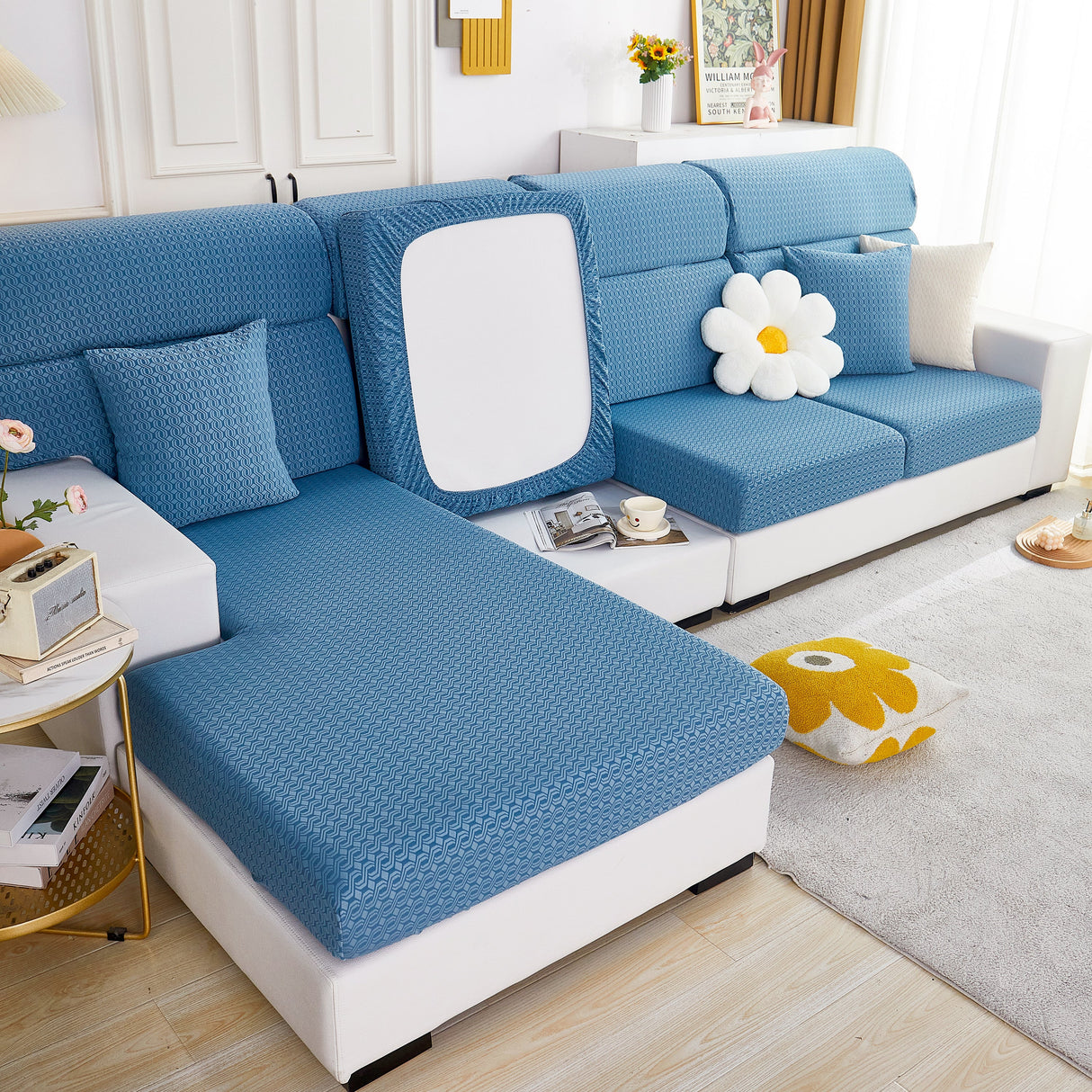 Growth Rings Jacquard Fleece Fabric Stretch Cushion Cover, Non-Slip Furniture Protector for Kids, Couch Cushion Covers