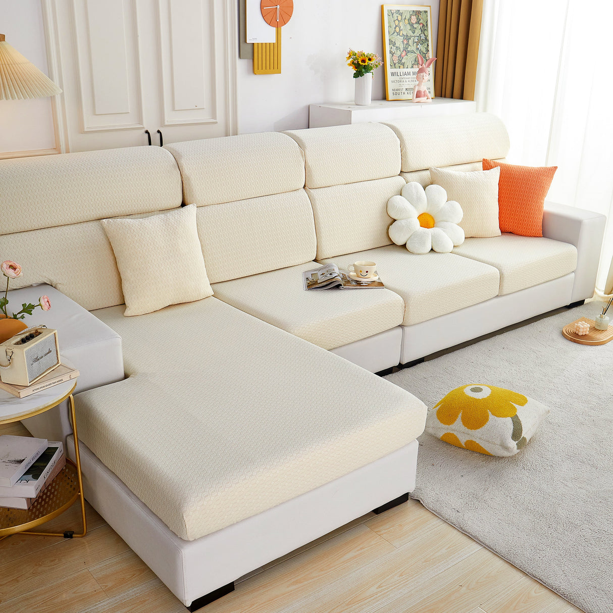 Growth Rings Jacquard Fleece Fabric Stretch Cushion Cover, Non-Slip Furniture Protector for Kids, Couch Cushion Covers