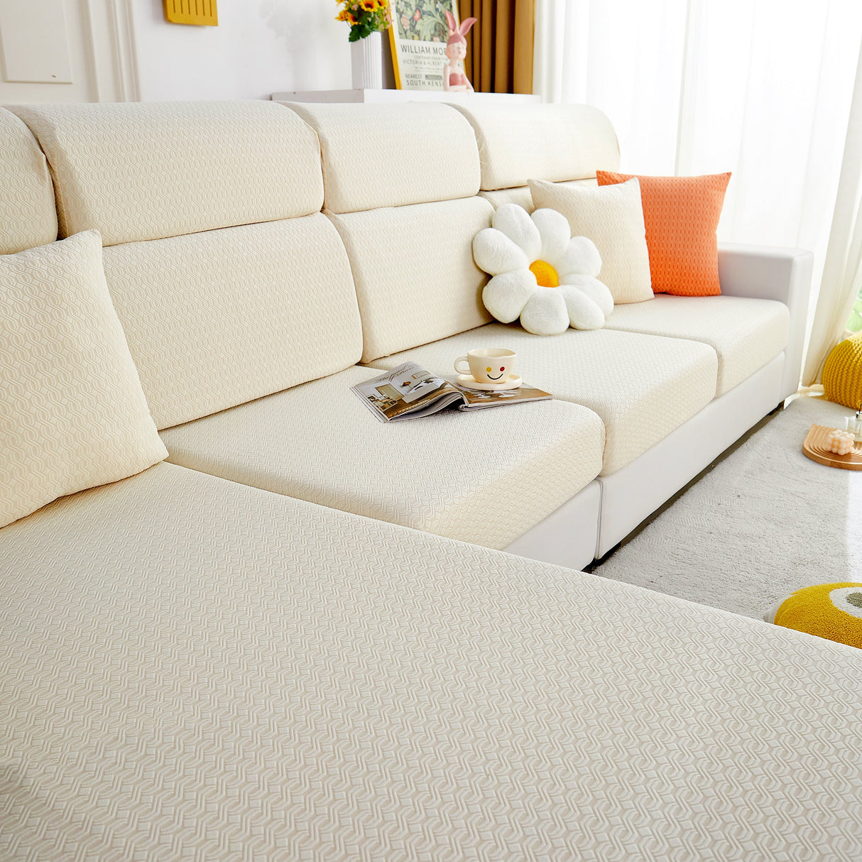 Growth Rings Jacquard Fleece Fabric Stretch Cushion Cover, Non-Slip Furniture Protector for Kids, Couch Cushion Covers