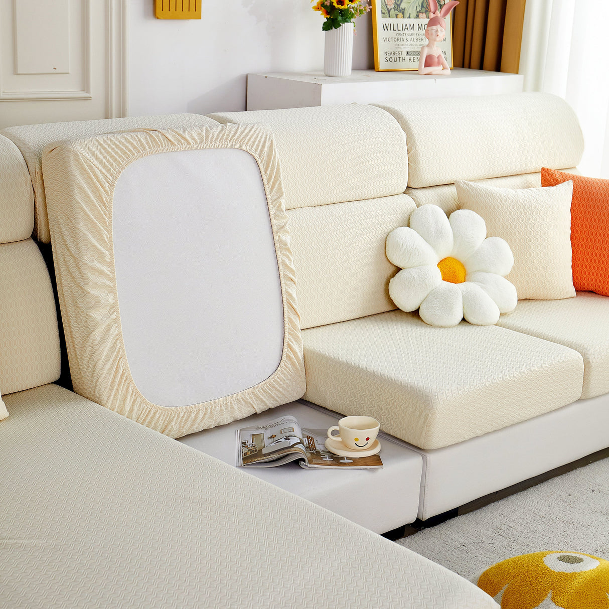 Growth Rings Jacquard Fleece Fabric Stretch Cushion Cover, Non-Slip Furniture Protector for Kids, Couch Cushion Covers