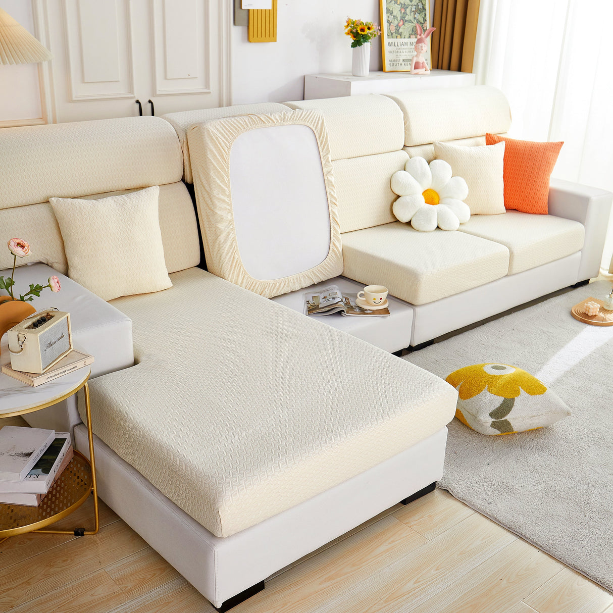 Growth Rings Jacquard Fleece Fabric Stretch Cushion Cover, Non-Slip Furniture Protector for Kids, Couch Cushion Covers