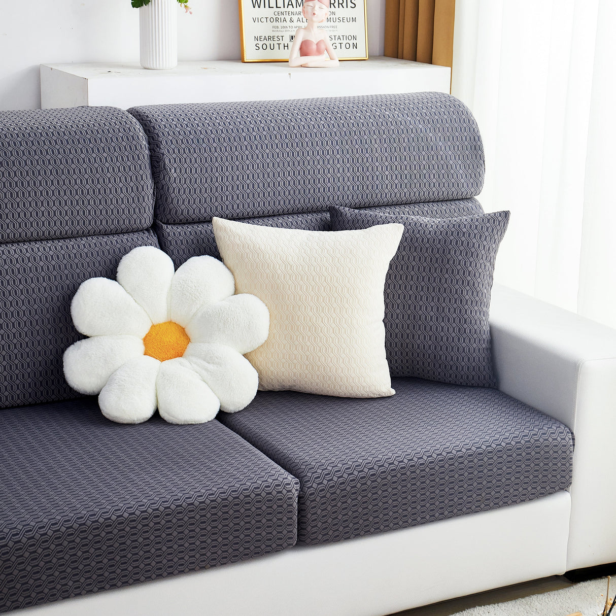 Growth Rings Jacquard Fleece Fabric Stretch Cushion Cover, Non-Slip Furniture Protector for Kids, Couch Cushion Covers