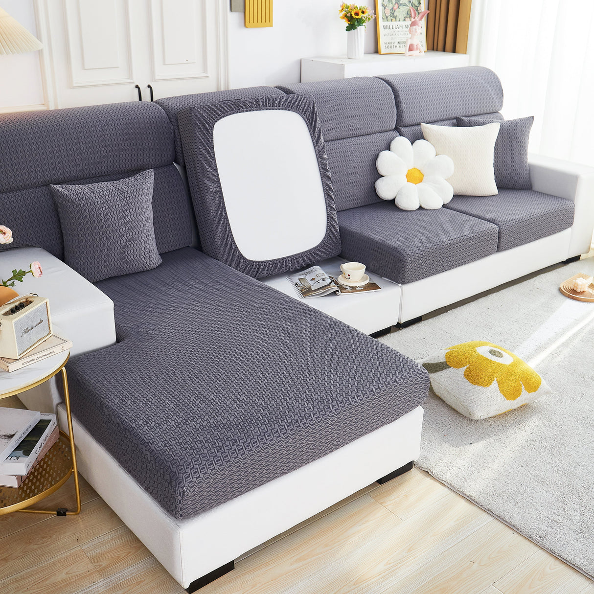 Growth Rings Jacquard Fleece Fabric Stretch Cushion Cover, Non-Slip Furniture Protector for Kids, Couch Cushion Covers