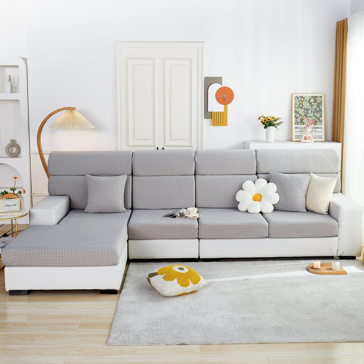 Growth Rings Jacquard Fleece Fabric Stretch Cushion Cover, Non-Slip Furniture Protector for Kids, Couch Cushion Covers