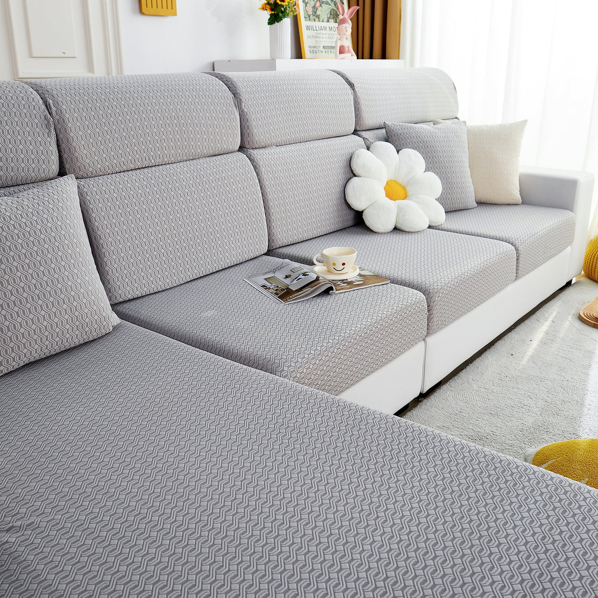 Growth Rings Jacquard Fleece Fabric Stretch Cushion Cover, Non-Slip Furniture Protector for Kids, Couch Cushion Covers