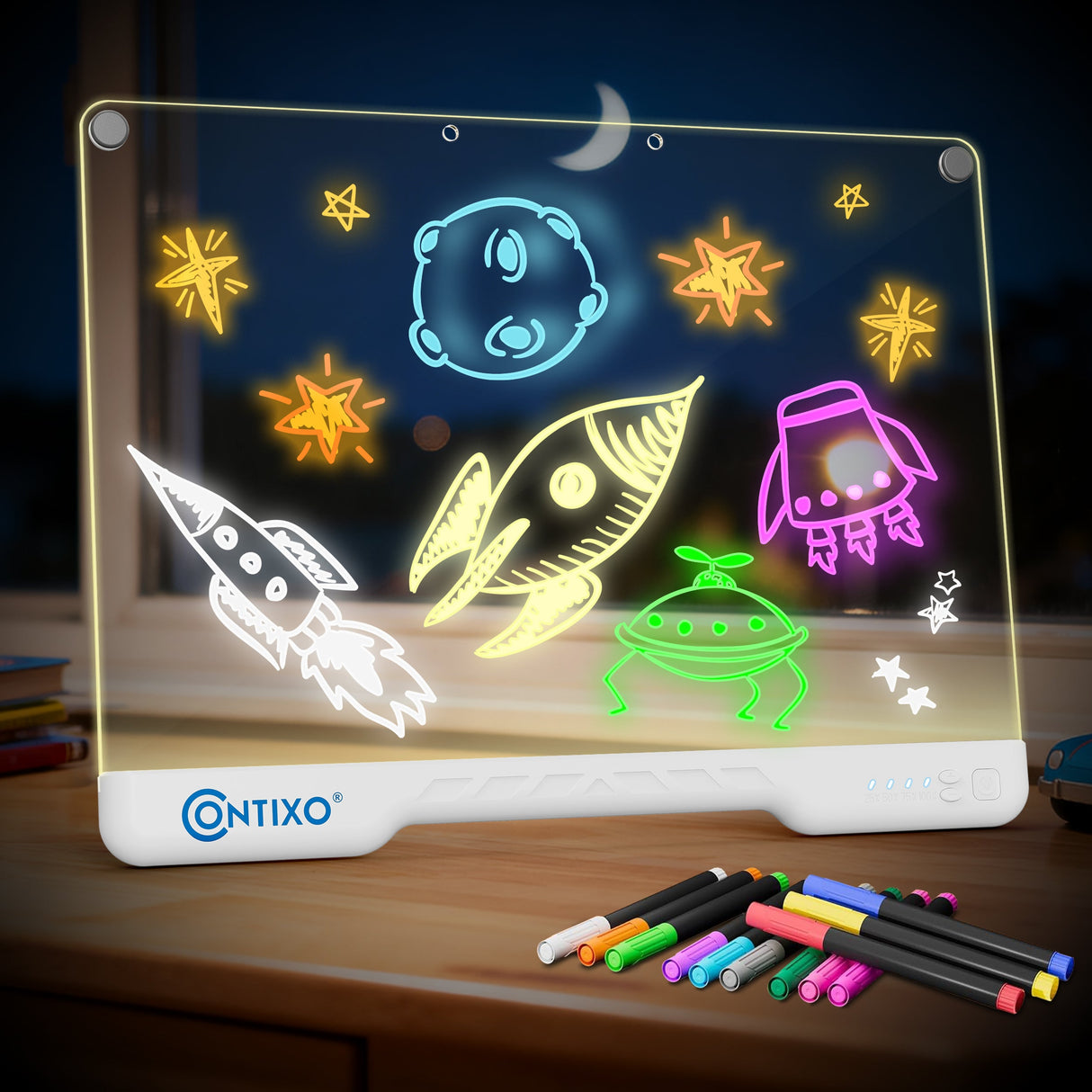 Contixo WB1 16" Led Drawing Board for Kids Rechargeable, Portable Doodle Glow LED Note Board With 10 Light Modes, Neon Art Dry Erase Light Up Drawing Pad With Stand, Ideal Gifts for Kids Boys & Girls