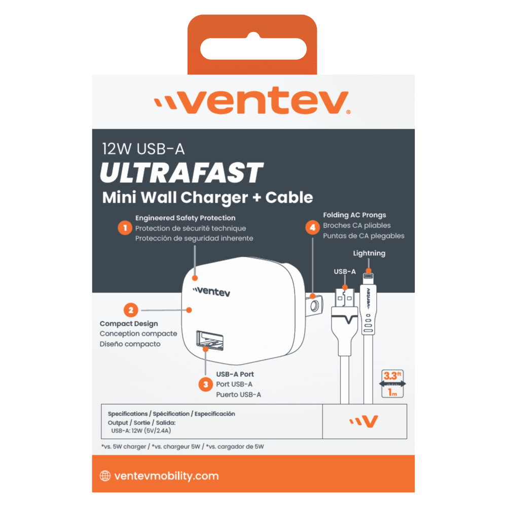 Ventev 12W USB A Wall Charger and USB A to Apple Lightning Cable by Ventev