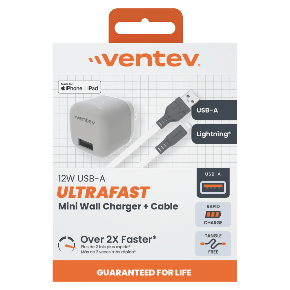 Ventev 12W USB A Wall Charger and USB A to Apple Lightning Cable by Ventev