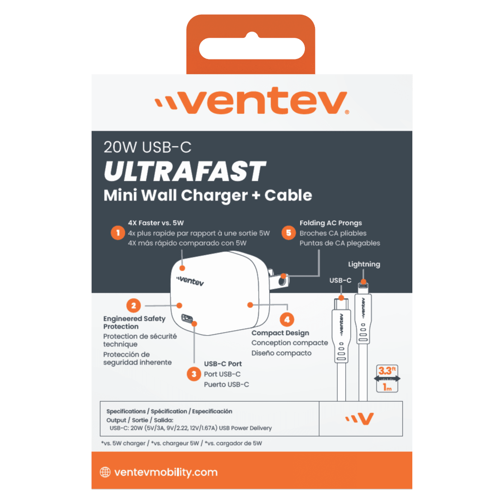 Ventev 20W ULTRAFAST USB C Universal Mini Wall Charger and USB C to Apple Lightning Cable by Ventev