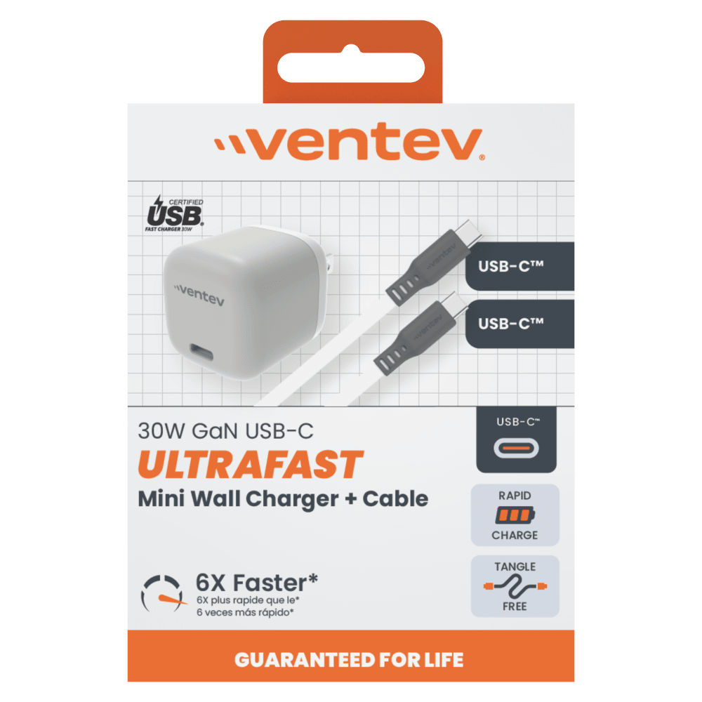 Ventev 30W ULTRAFAST USB C Universal GaN Mini Wall Charger and USB C to USB C Cable by Ventev