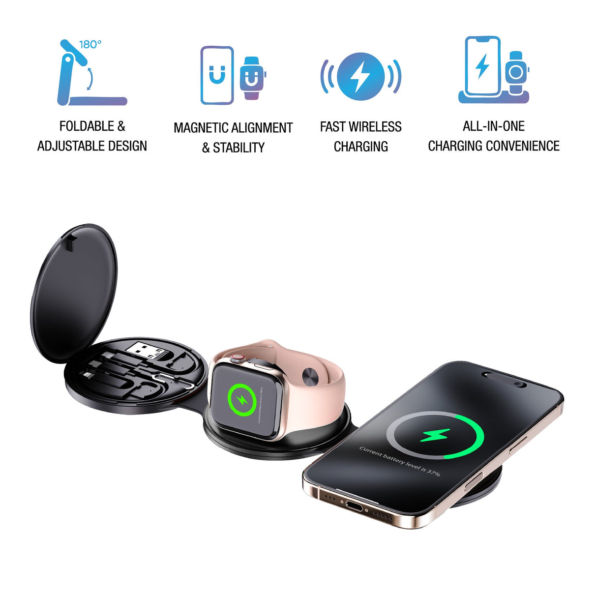 Ultimate 5-in-1 Tech Bundle: Folding Wireless Charger & Multi-Function Bedside Alarm Clock