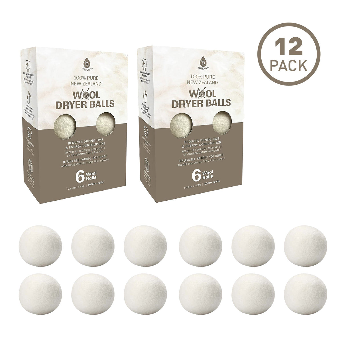 Pursonic 100% Pure New Zealand Wool Dryer Balls - 12 Pack by Pursonic