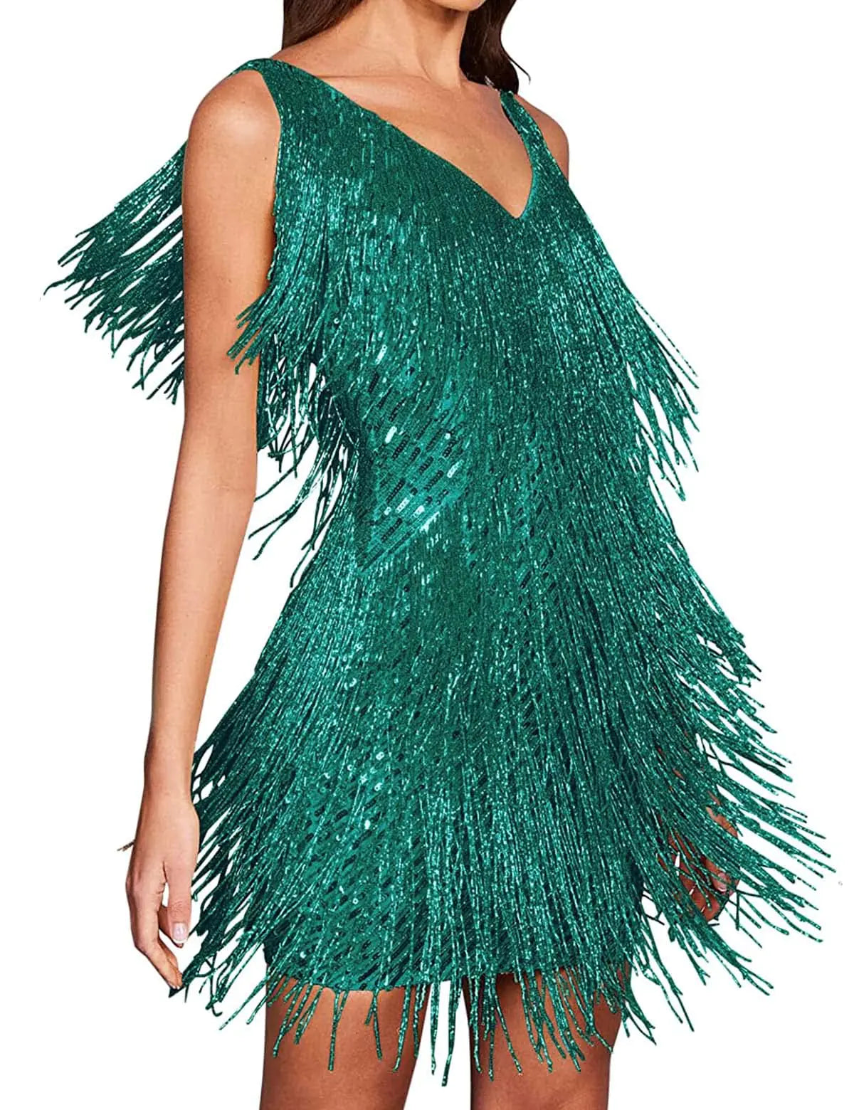 houstil V Neck Sequin Dress for Women Cami 1920s Gatsby Flapper Dresses Tie Back Formal Club Party Evening Gown(Green M)