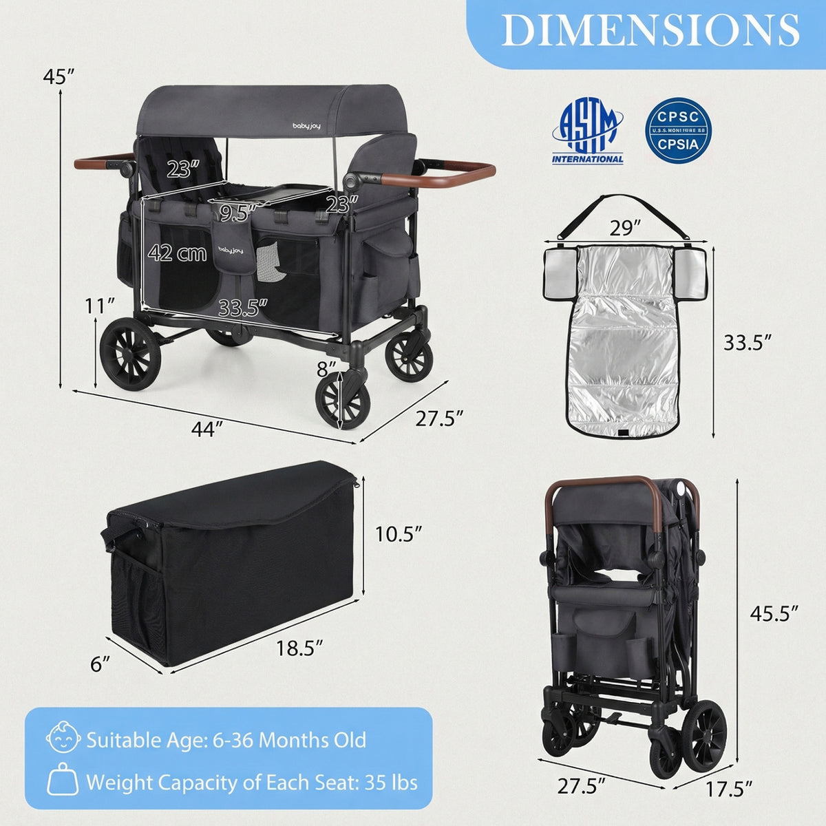 Wagon Stroller for 4 Kids Foldable 4-Seater Push-Pull Toddler Stroller-Gray