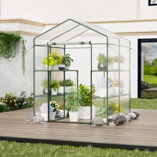 Walk-in Greenhouse with 3 Tiers 8 Shelves PVC Cover Roll-up Zippered Door-Transparent
