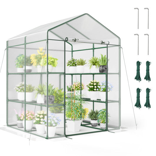 Walk-in Greenhouse with 3 Tiers 8 Shelves PVC Cover Roll-up Zippered Door-Transparent