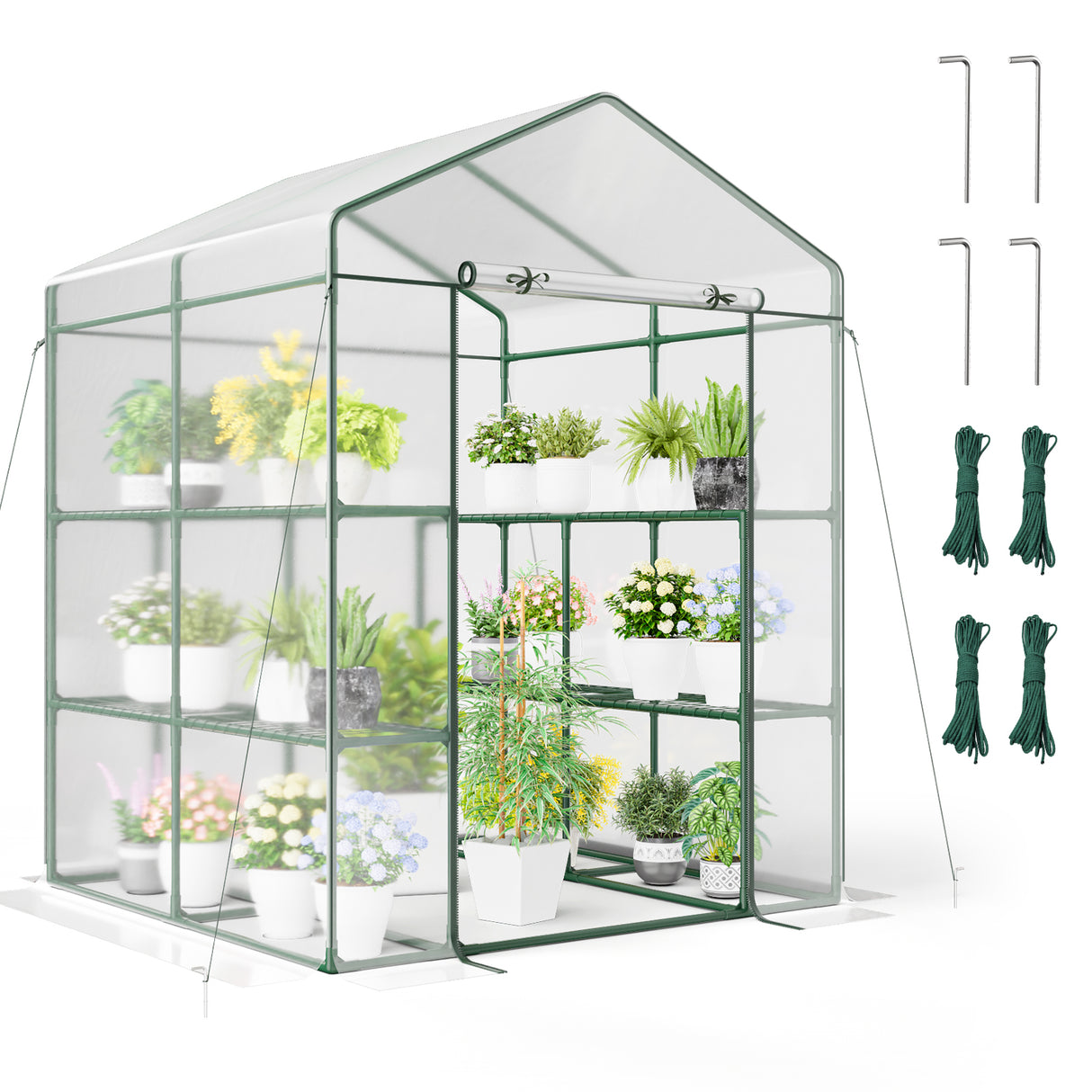 Walk-in Greenhouse with 3 Tiers 8 Shelves PVC Cover Roll-up Zippered Door-Transparent