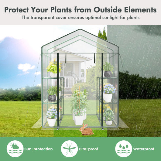 Walk-in Greenhouse with 3 Tiers 8 Shelves PVC Cover Roll-up Zippered Door-Transparent