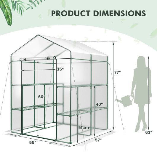 Walk-in Greenhouse with 3 Tiers 8 Shelves PVC Cover Roll-up Zippered Door-Transparent