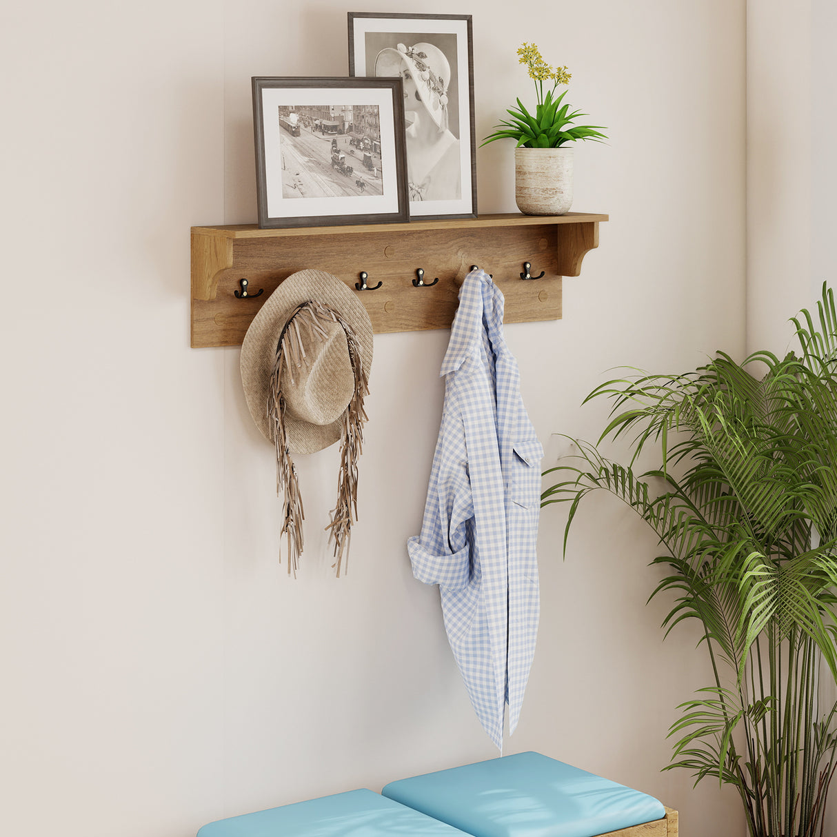 Wall Hooks with Shelf 31.5inch Wooden Coat Rack with 6 Hooks for Hats Towels Purses Robes-Natural