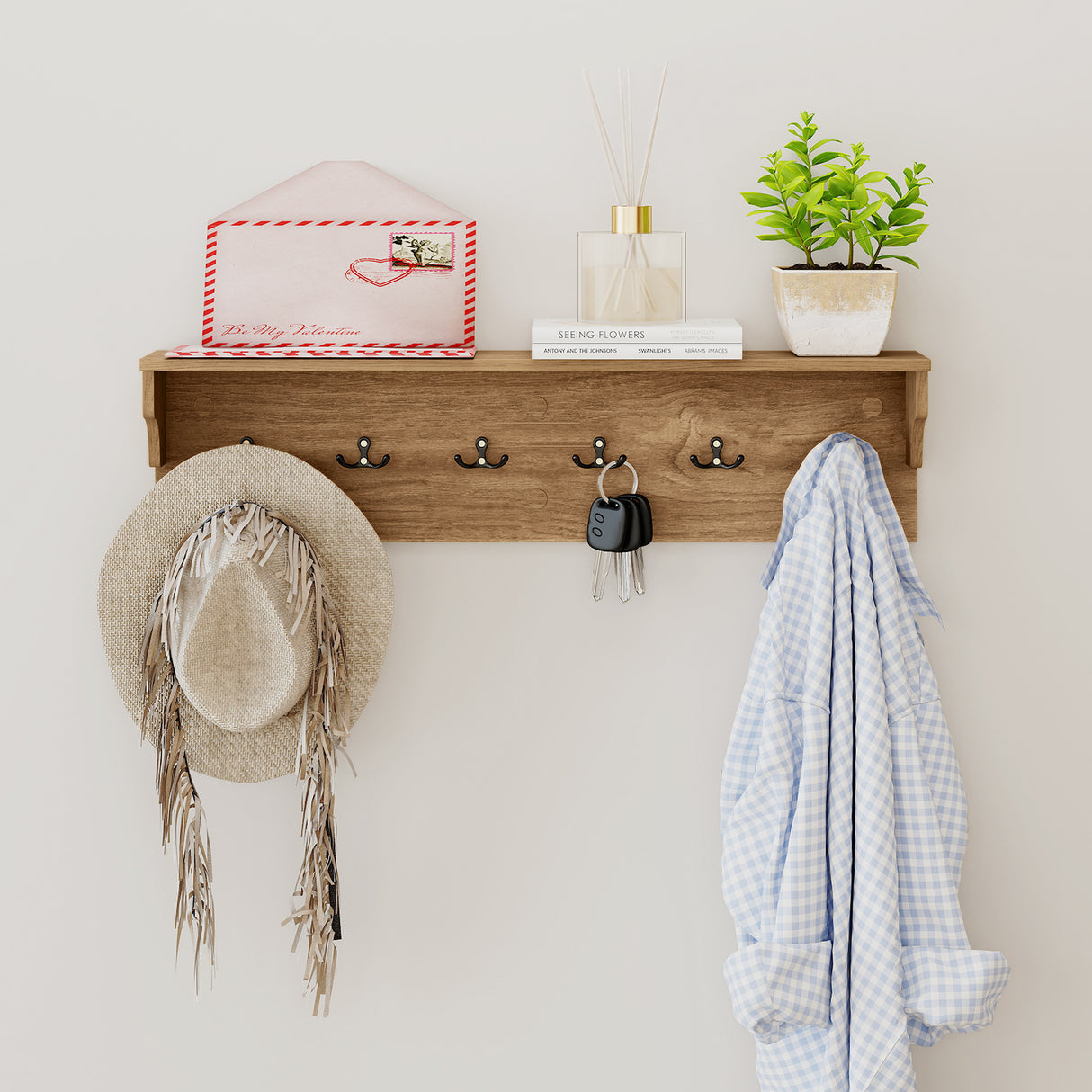Wall Hooks with Shelf 31.5inch Wooden Coat Rack with 6 Hooks for Hats Towels Purses Robes-Natural