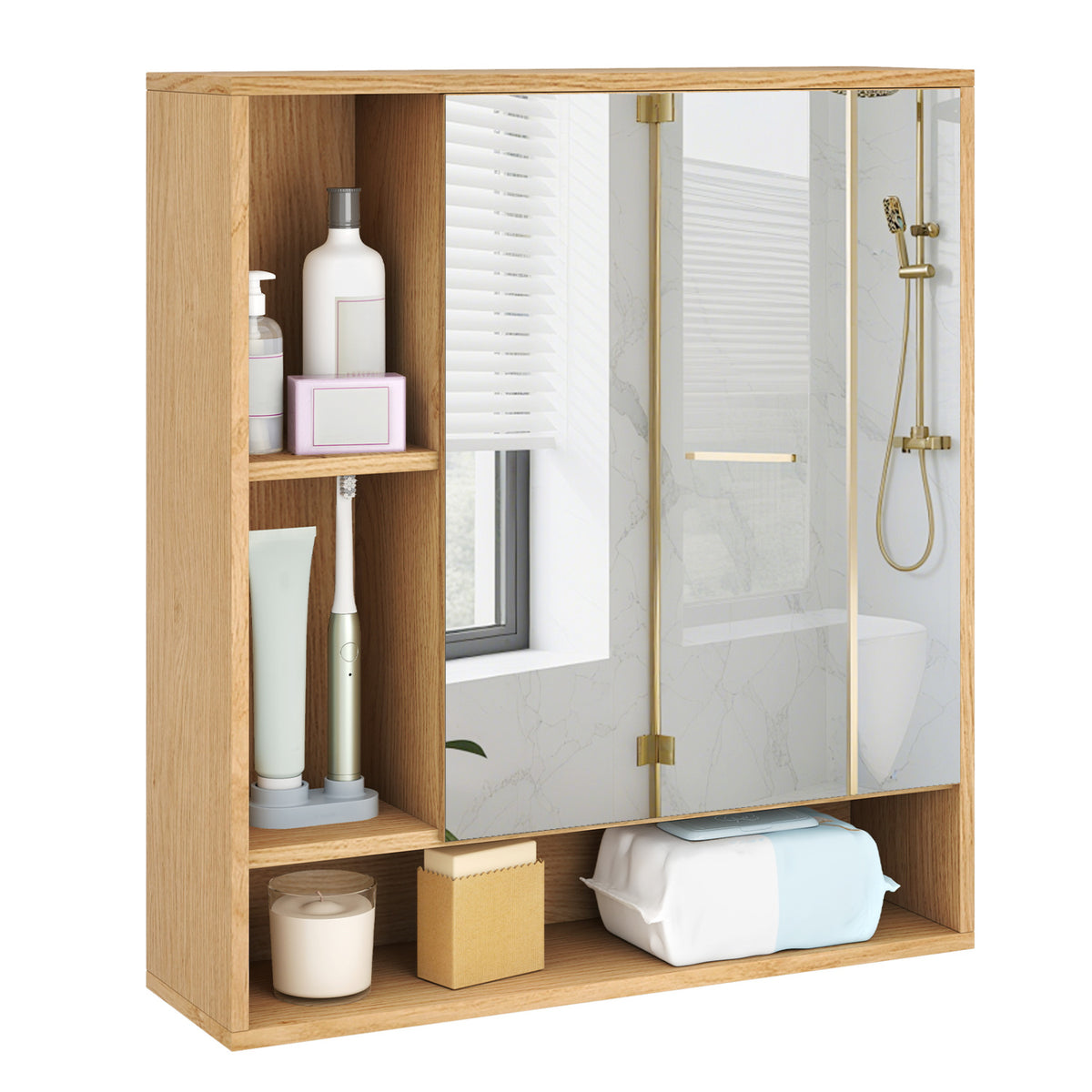 Wall Mounted Bathroom Cabinet with Mirror Single Door-Natural