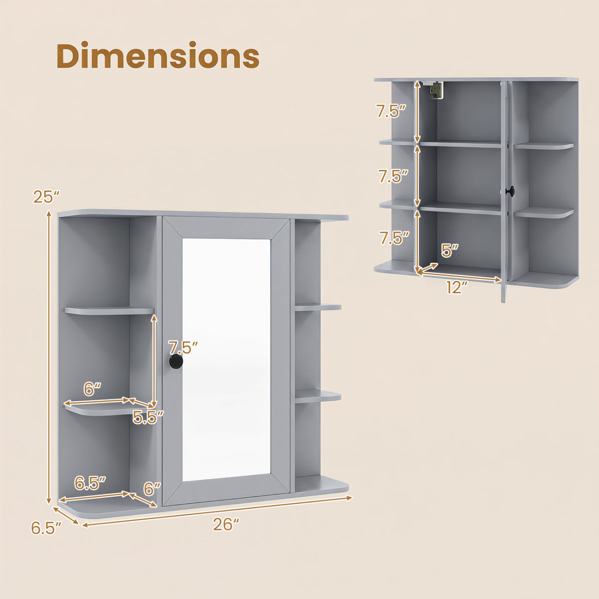 Wall Mounted Bathroom Medicine Cabinet with Mirror and Shelves-Gray