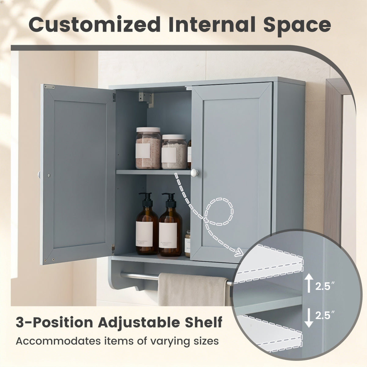Wall Mounted Bathroom Storage Medicine Cabinet with Towel Bar-Gray