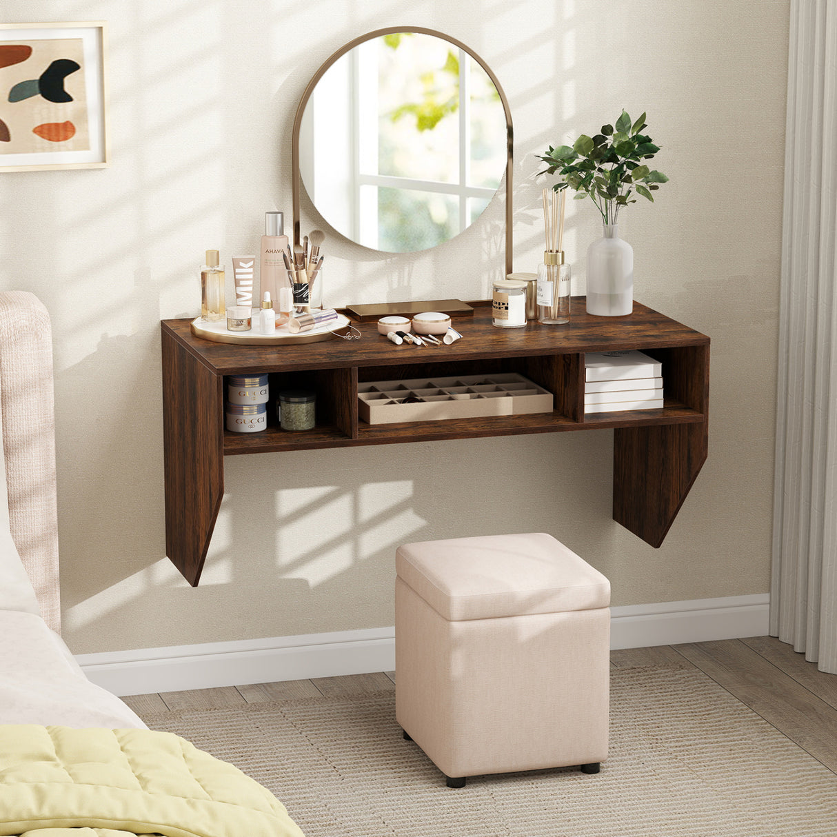 Wall-Mounted Computer Desk Floating Laptop Desk with 3 Storage Compartments-Rustic Brown