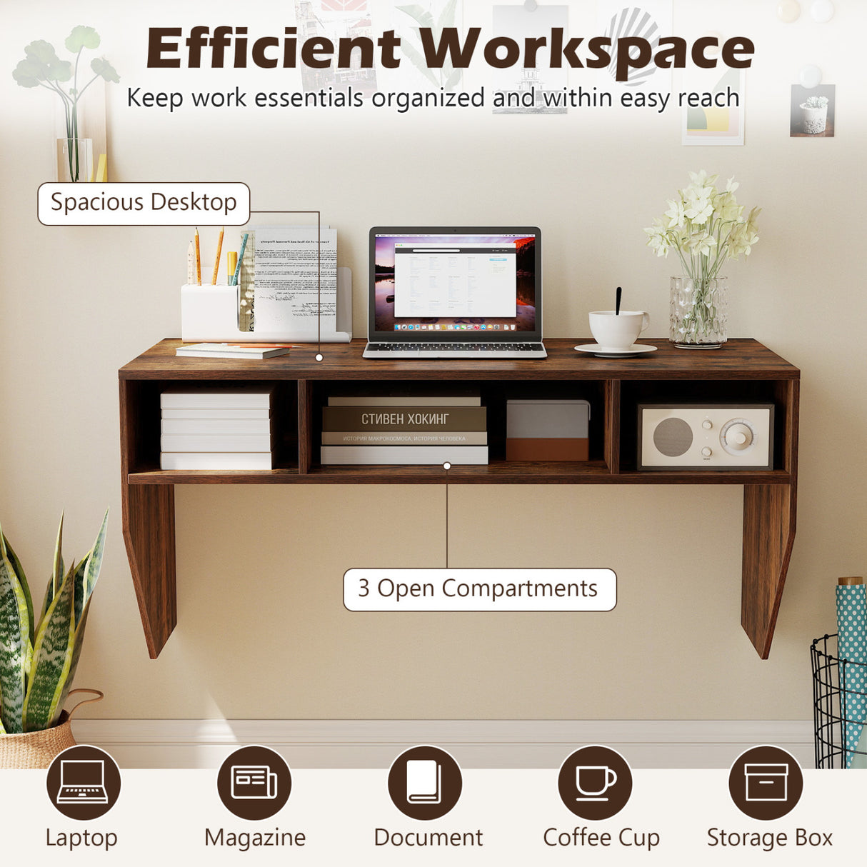 Wall-Mounted Computer Desk Floating Laptop Desk with 3 Storage Compartments-Rustic Brown