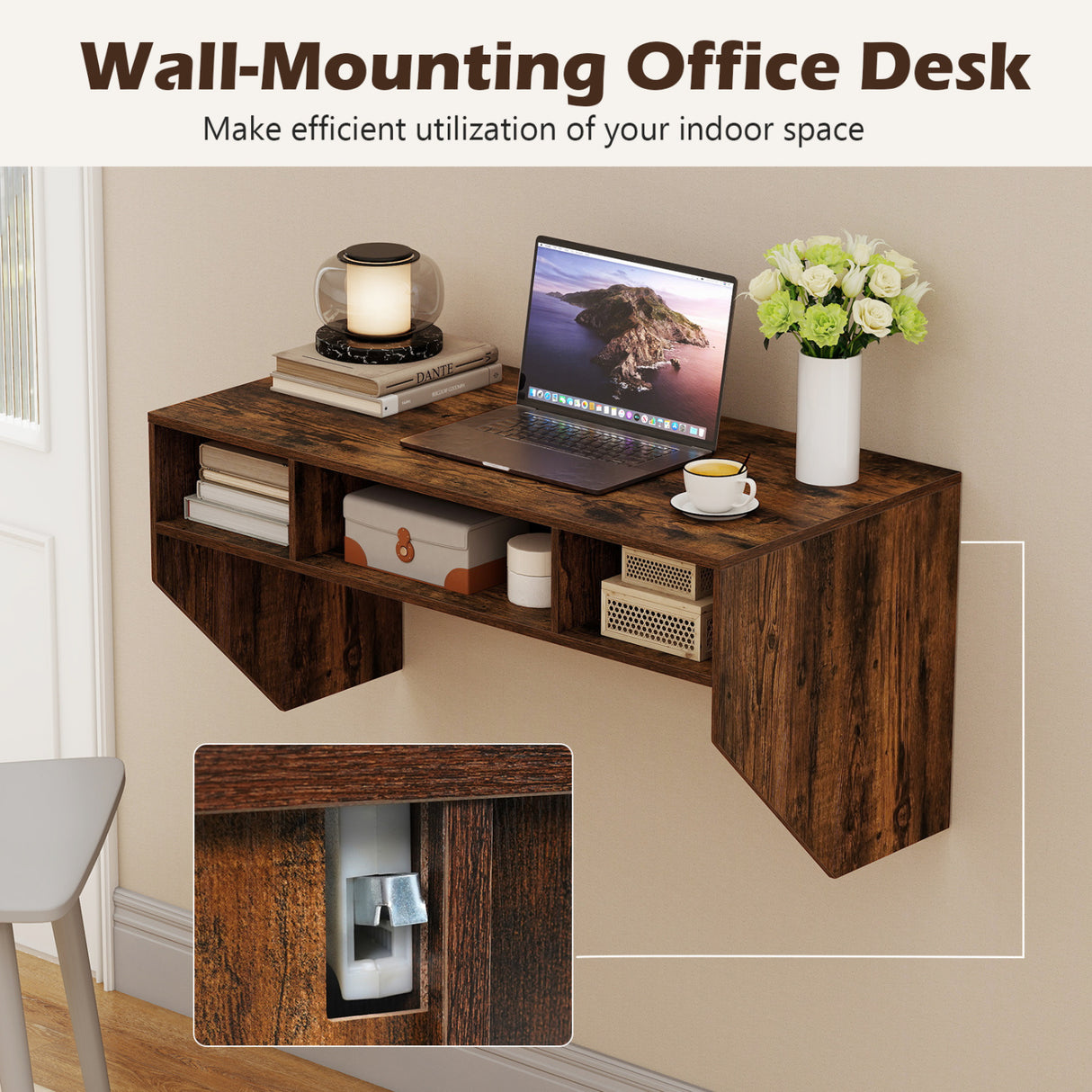 Wall-Mounted Computer Desk Floating Laptop Desk with 3 Storage Compartments-Rustic Brown