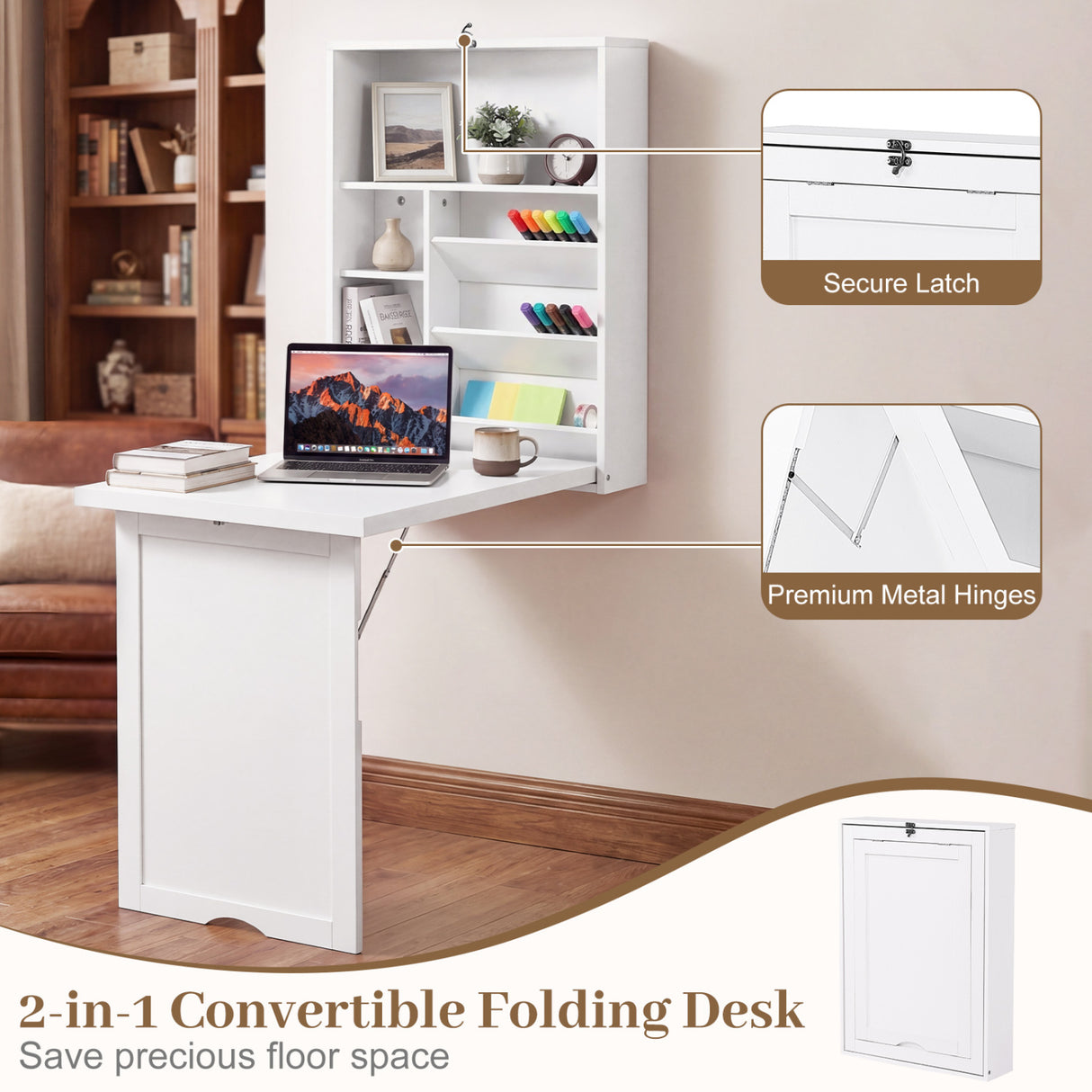 Wall Mounted Fold-Out Convertible Floating Desk Space Saver-White