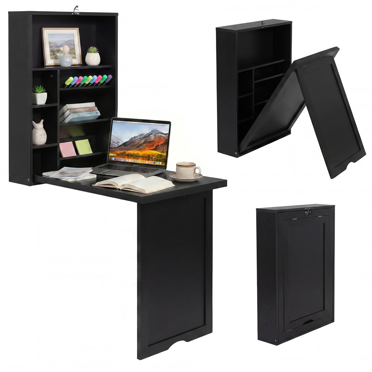 Wall Mounted Fold-Out Convertible Floating Desk Space Saver-Black