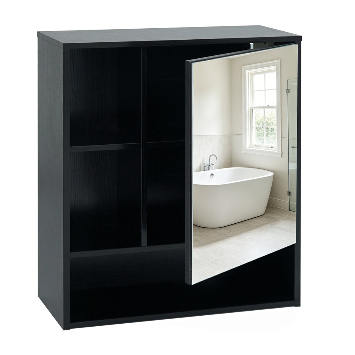 Wall-Mounted Mirror Cabinet with 2 Hidden Shelves and 3 Open Compartments-Black