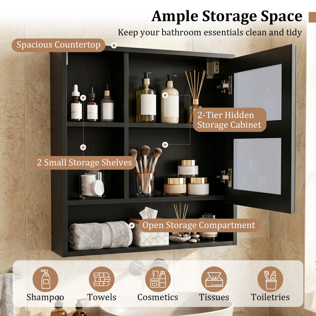 Wall-Mounted Mirror Cabinet with 2 Hidden Shelves and 3 Open Compartments-Black