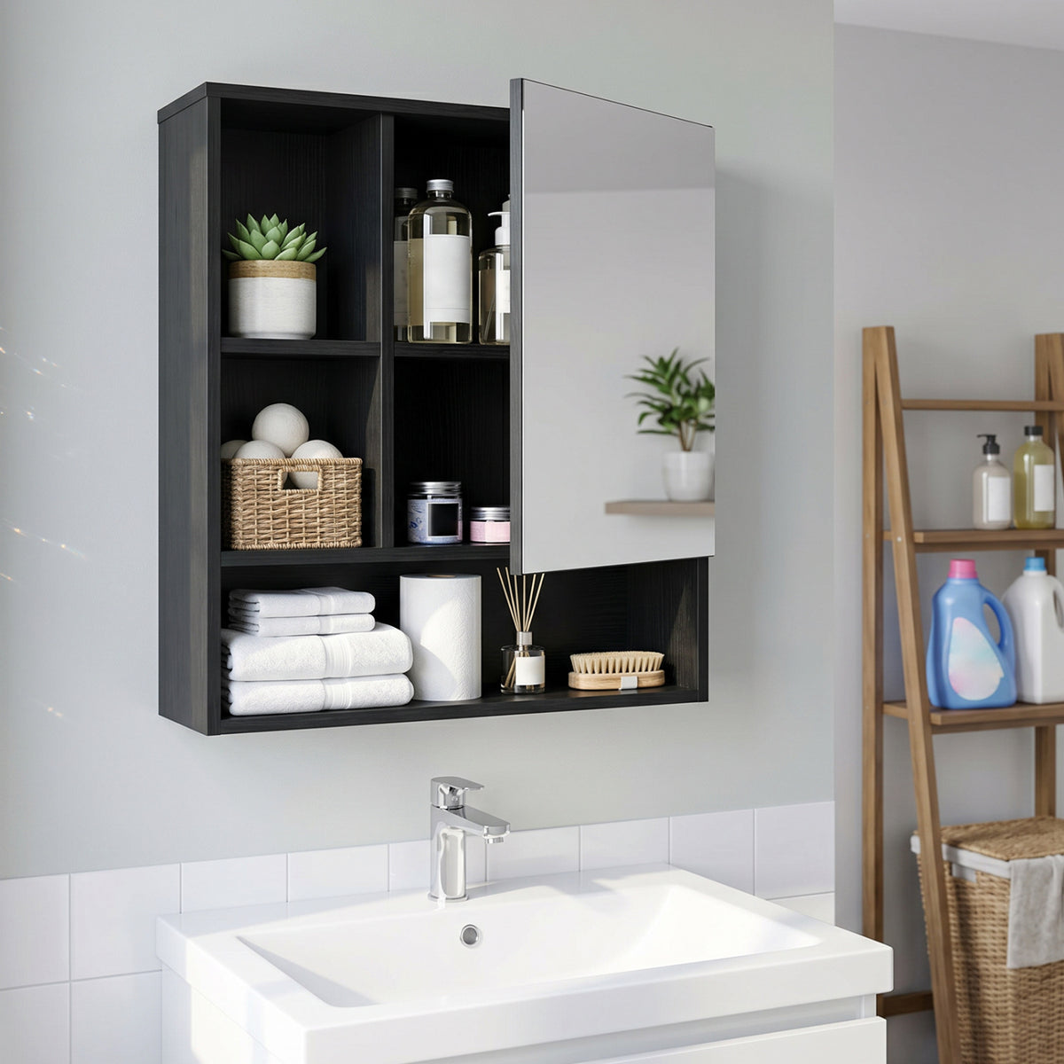 Wall-Mounted Mirror Cabinet with 2 Hidden Shelves and 3 Open Compartments-Black