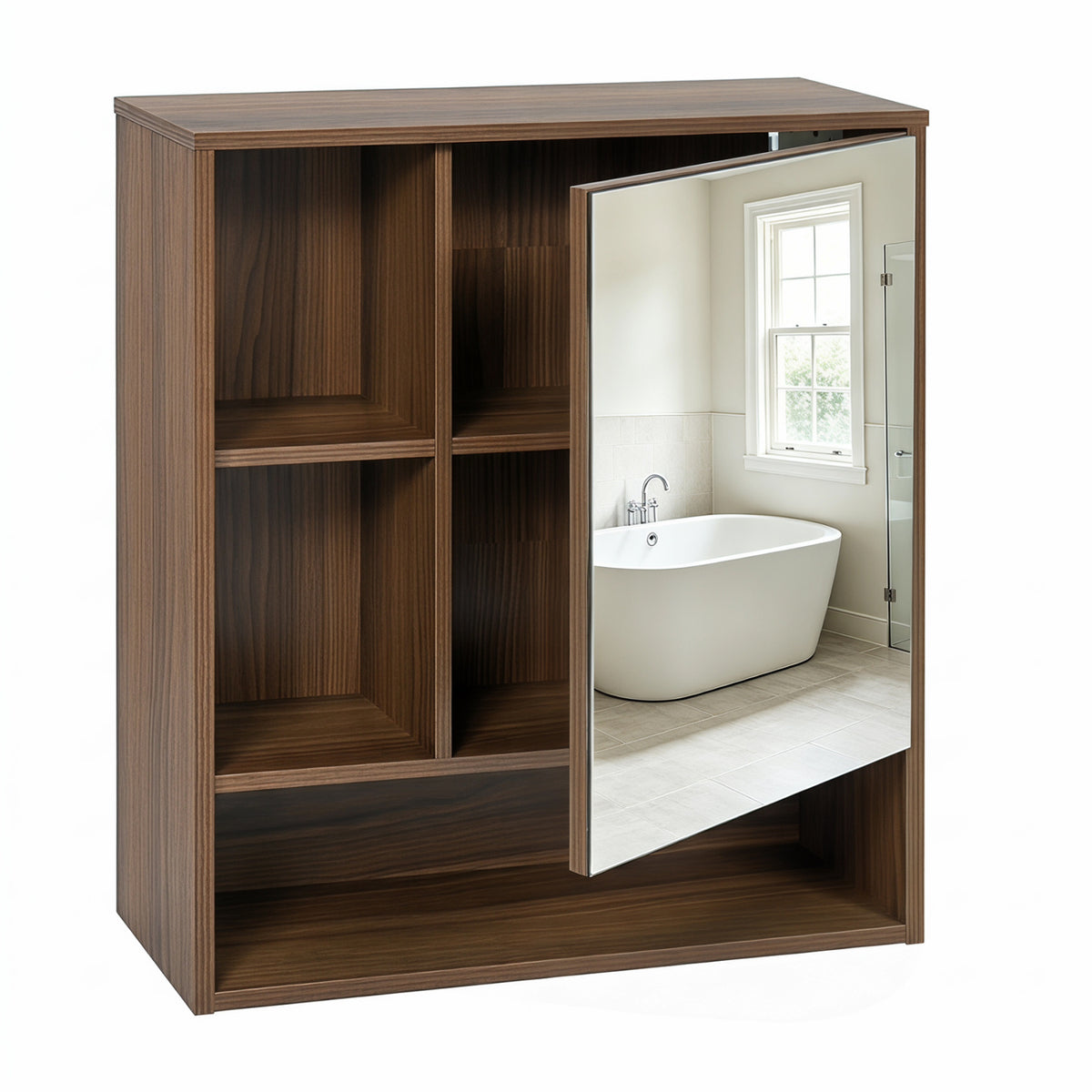 Wall-Mounted Mirror Cabinet with 2 Hidden Shelves and 3 Open Compartments-Walnut