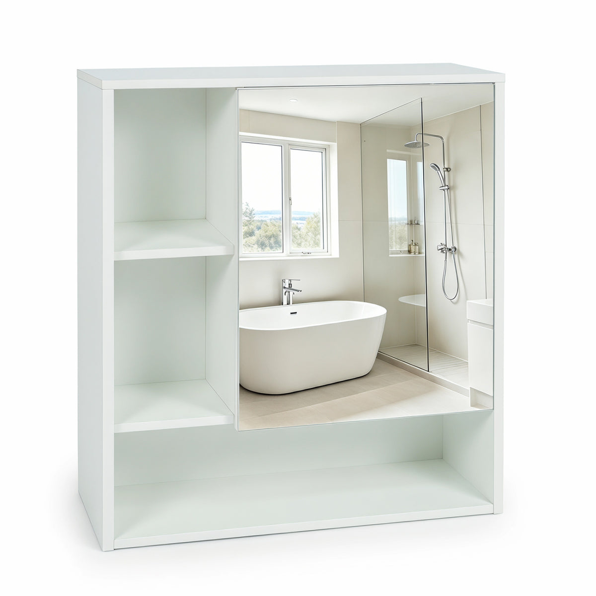Wall-Mounted Mirror Cabinet with 2 Hidden Shelves and 3 Open Compartments-White