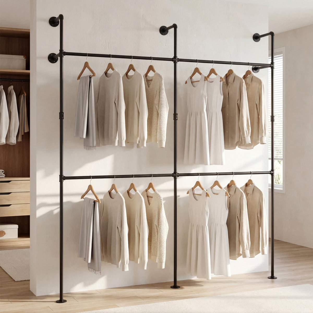 Wall Mounted Pipe Clothing Rack with 4 Hanging Rods-Black