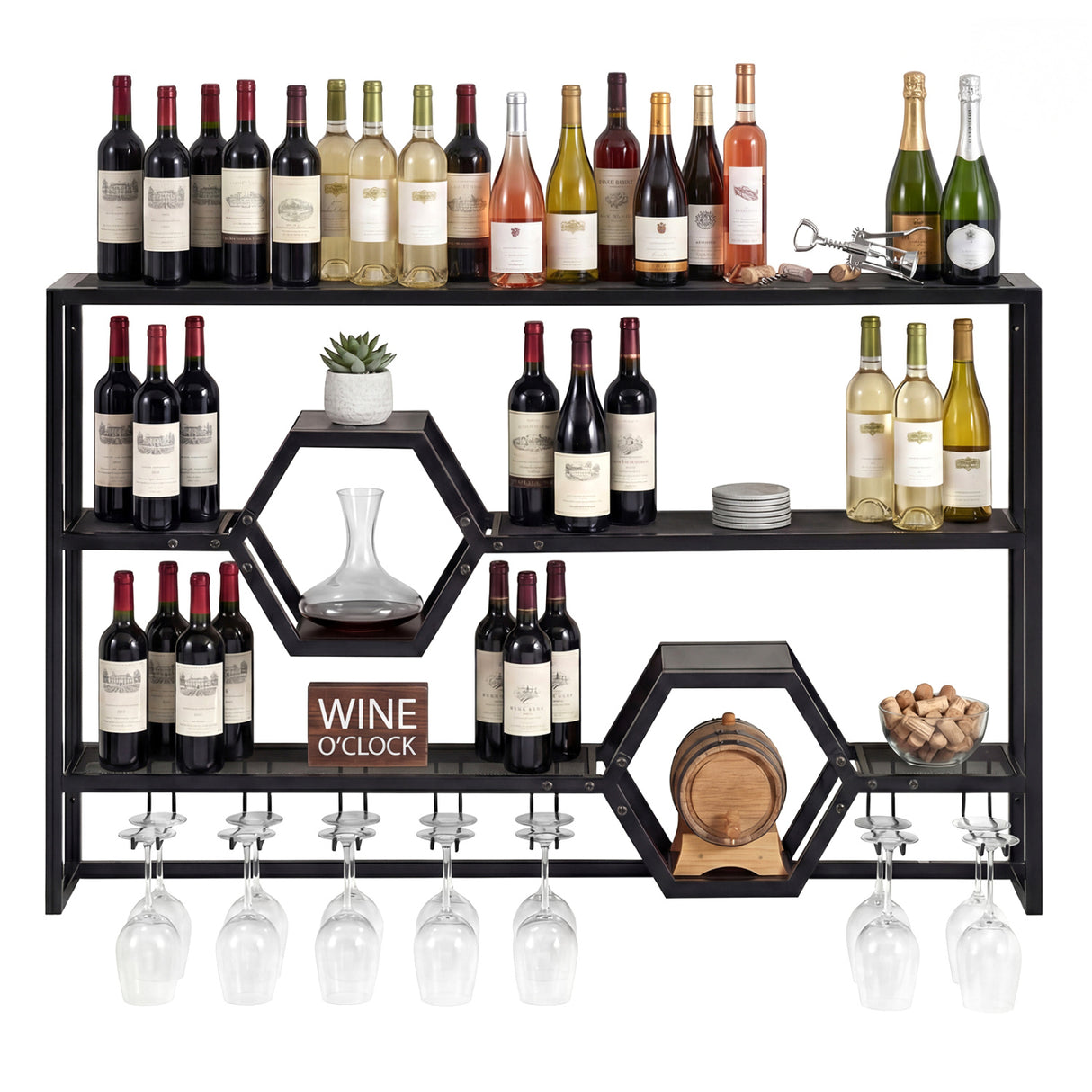 Wall Mounted Wine Rack 47" Large Floating Bar Shelves-Black