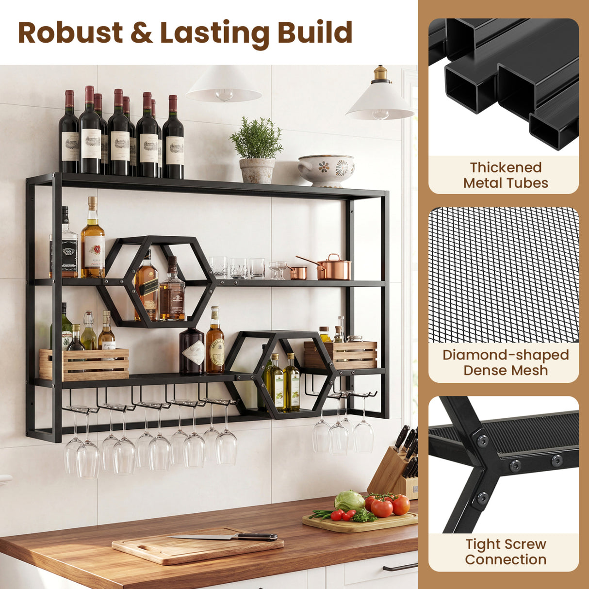 Wall Mounted Wine Rack 47" Large Floating Bar Shelves-Black